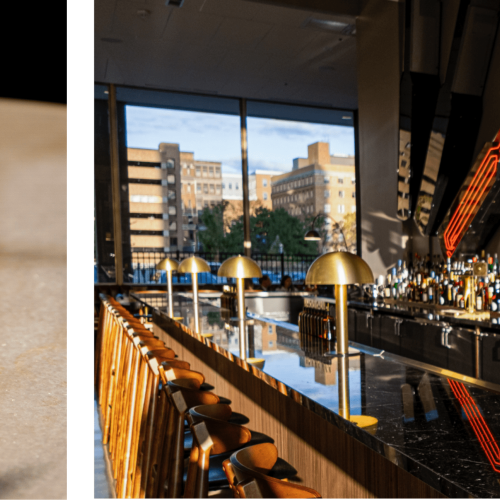 A cocktail on the left and a modern bar interior with stools and neon lights on the right are featured in the image.